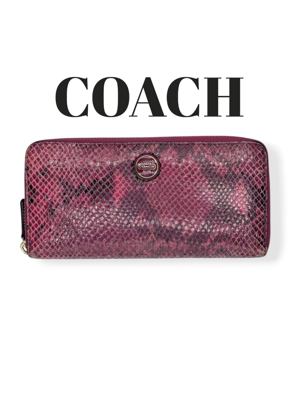 Coach Wallet Python Snakeskin Leather Raspberry Pink Black Zip Around Accordion